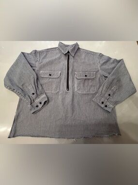 KEY Imperial Hickory Striped Half-Zip Railroad Worker Shirt Jacket, Cropped Hem